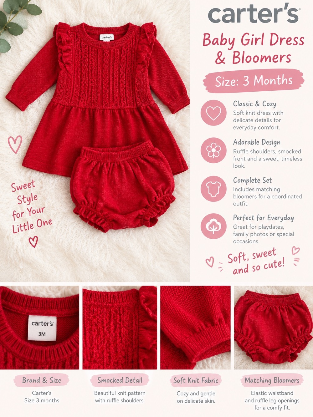 Carter's Red Knit Baby Girl Dress with Matching Bloomers